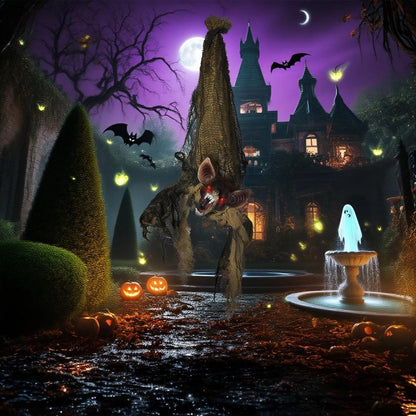 Outdoor Halloween Decorations Hanging Bat Opening Month, Animated Prop with Sound and Motion Activated Light Up Eyes, Spooky Sound and Laughter