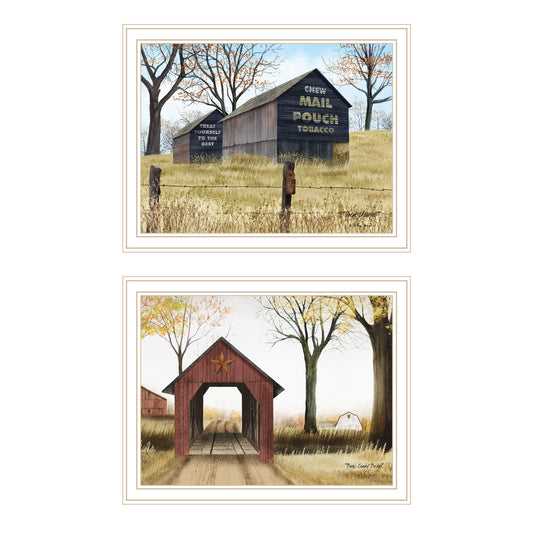 Trendy Decor 4U 2- Piece Vignette Mail Pouch Barn & Buck County Bridge White Framed Wall Art for Living Room, Bedroom Wall Art Print for Home Decor by Billy Jacobs