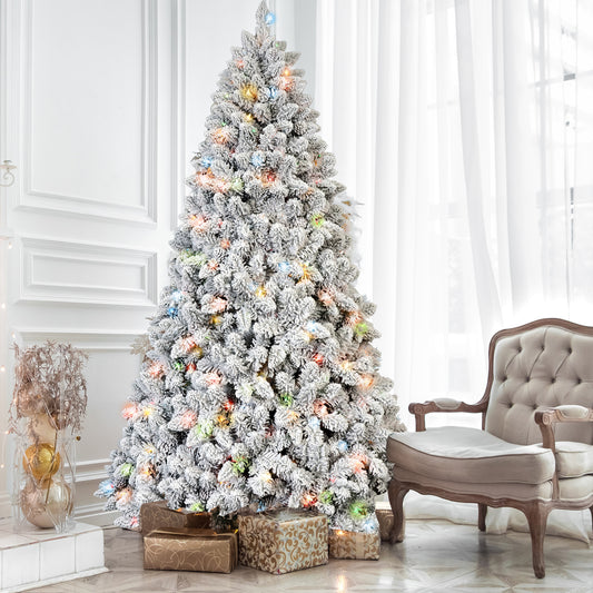 5FT Flocked Christmas Tree with 300 Colorful UL Lights and 27 Natural Pine Cones – 600 Snowy PVC Tips, Hinged Branches, Stable Metal Stand, Easy Setup