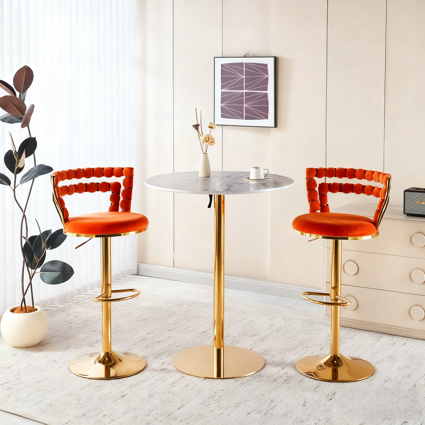 Modern Gold Bar Table Set with 2 Adjustable Bar Stools, Round Marble-Patterned Pub Table for Home Bar & Kitchen