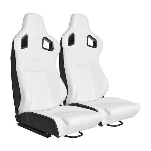 2PC New Universal Bucket Racing Seats White Stitch White PVC Leather Reclinable Carbon Look Leather Back With Adjustor Slider(Not Including Seat Bracket ) 1 box of 2 pieces