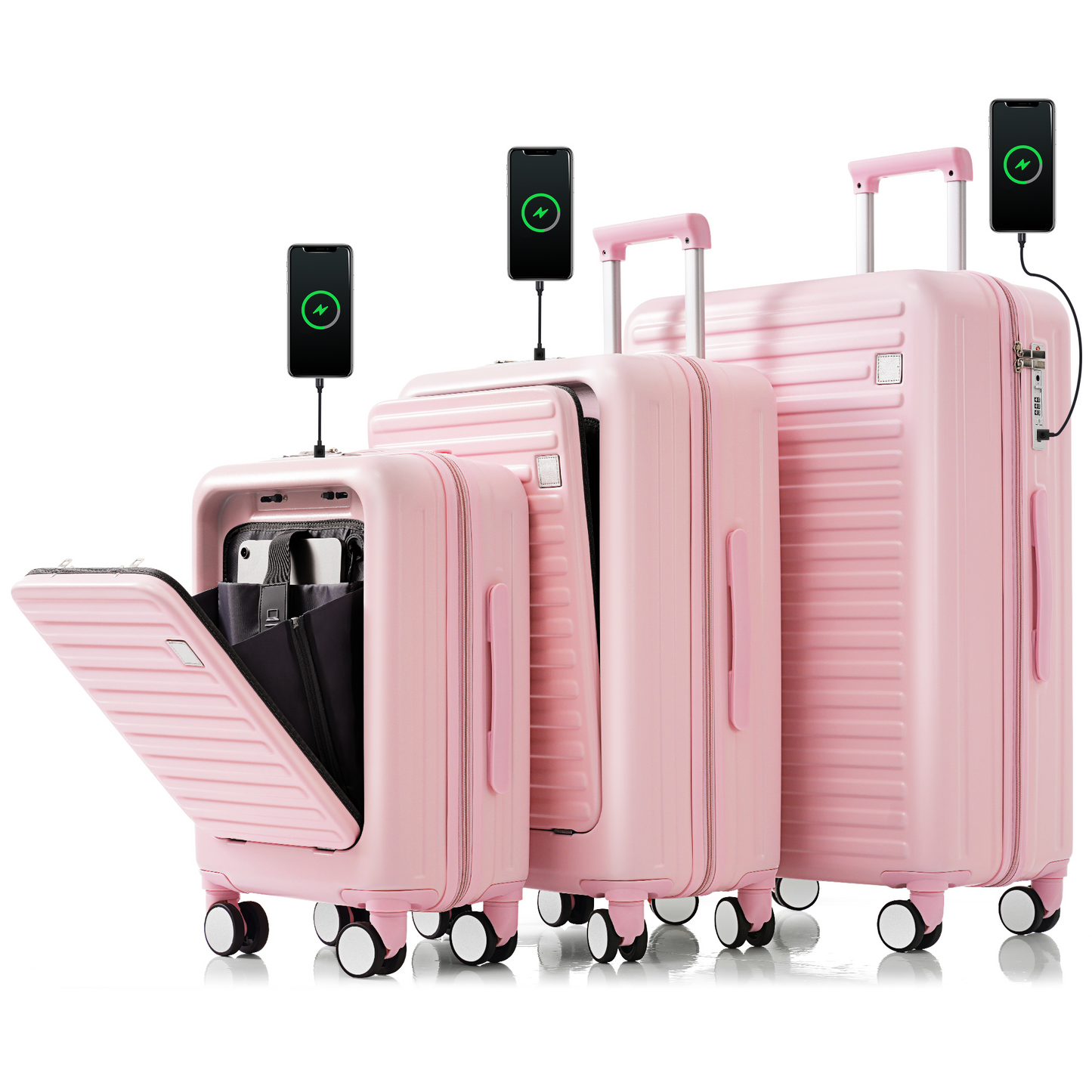 Luggage Set of 3, 20, 24, 28inch with USB Port, 20, 24inch with front opening design Airline Certified Carry on Luggage with Cup Holder, ABS Hard Shell Luggage with Spinner Wheels, pink