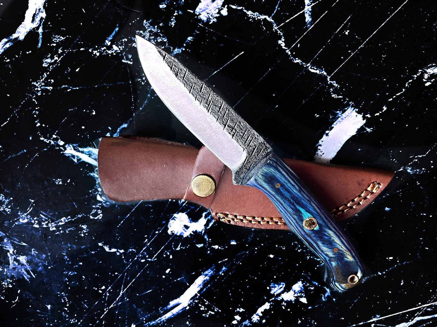 Titan Azura Custom Knife/ Hunting Knife/ Carbon Steel Skinning Knife/ Camping/ Utility Knife With Blue Diamond Wood Handle TC-012