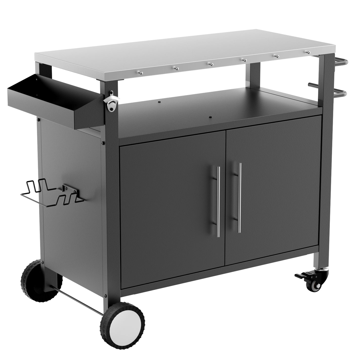 Outdoor Grill Cart with Two Doors and Patio Furniture, Black, Stainless Steel Tabletop, 37.90 x 18.10 x 35.60 inches