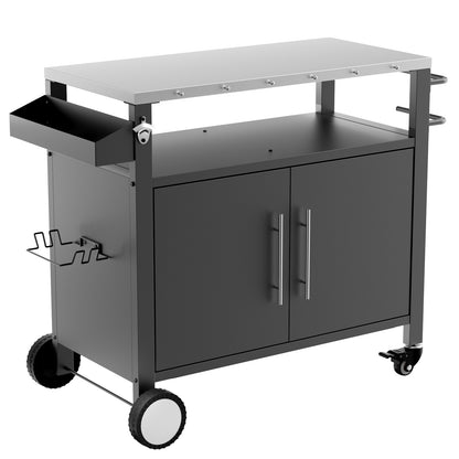 Outdoor Grill Cart with Two Doors and Patio Furniture, Black, Stainless Steel Tabletop, 37.90 x 18.10 x 35.60 inches