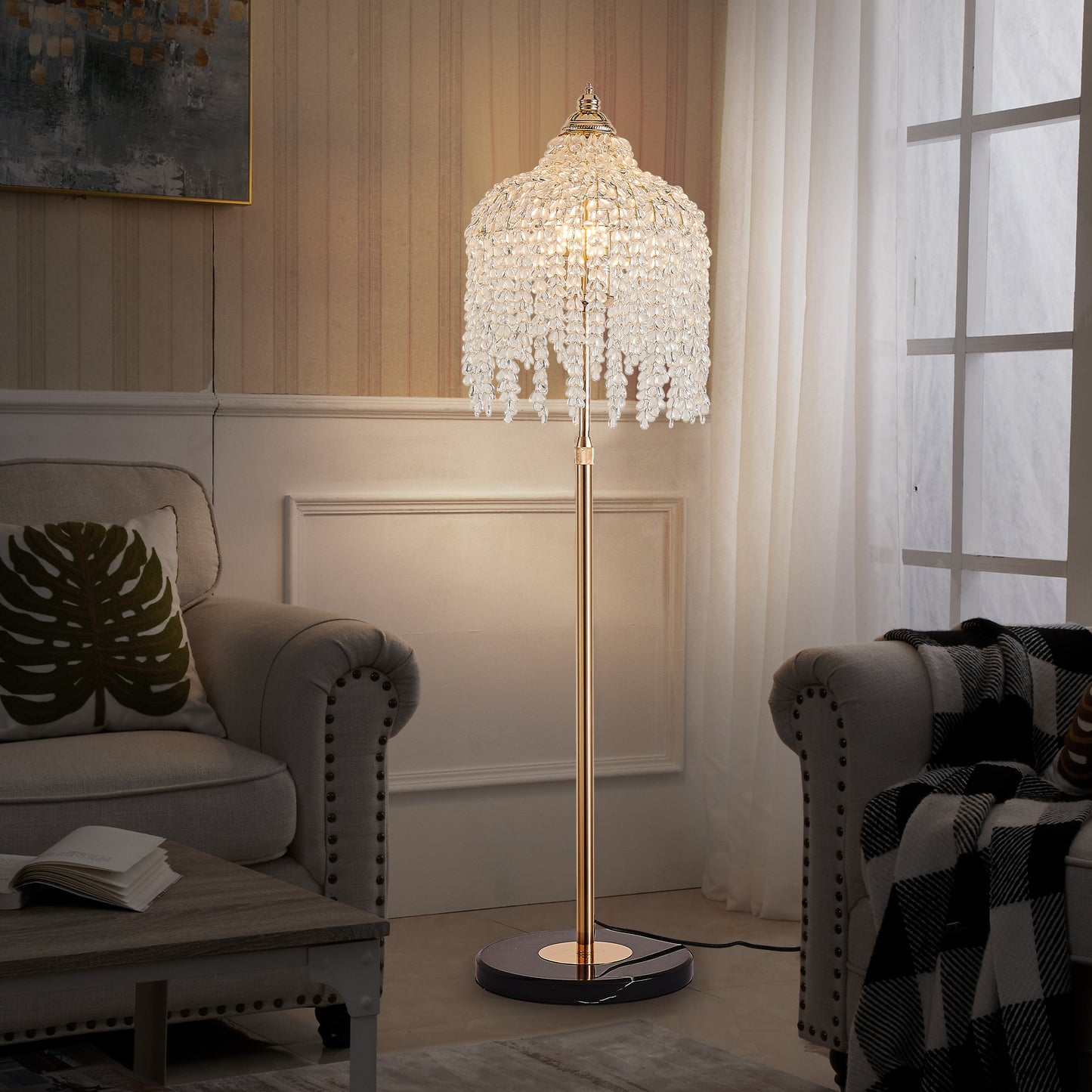 3-Light Elegant Crystal Floor Lamp – Vintage Waterfall Design with Grape-Shaped Crystal Bead Strings and Marble Texture Base for Living Room, Bedroom, or Office Décor (Bulb Not Included)