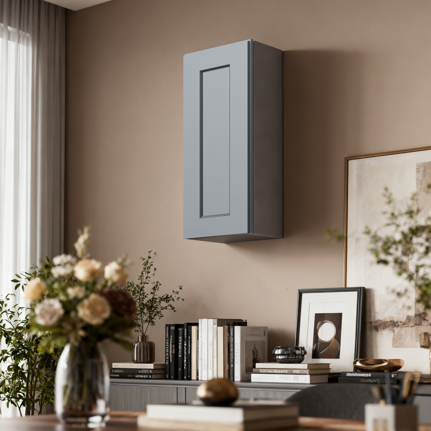 Dark Gray Solid Wood Single Door Wall Cabinet 1 Door and 2 Shelves for Kitchen Storage, Bathroom Storage, Laundry,Adjustable Shelves Ready to Assemble(15'W×12'D×30'H)