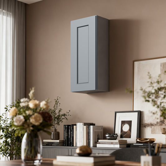 Dark Gray Solid Wood Single Door Wall Cabinet 1 Door and 2 Shelves for Kitchen Storage, Bathroom Storage, Laundry,Adjustable Shelves Ready to Assemble(15'W×12'D×30'H)