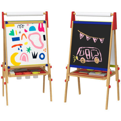 Qaba Easel for Kids, 3 in 1 Kids Art Easel with Paper Roll, Whiteboard, Chalkboard, Double Sided & Adjustable Height Wooden Toddler Easel with Painting Accessories, for Kids 3-8 Years, Nature Wood