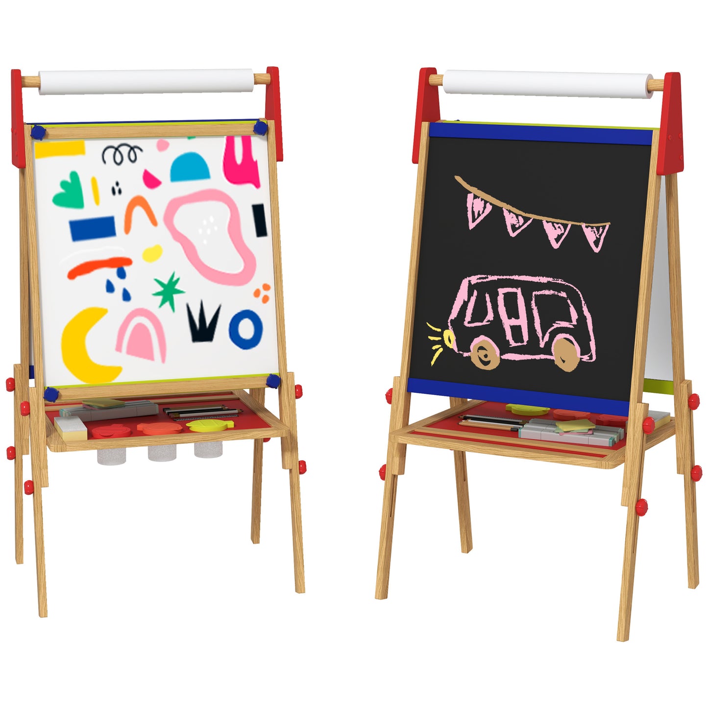 Qaba Easel for Kids, 3 in 1 Kids Art Easel with Paper Roll, Whiteboard, Chalkboard, Double Sided & Adjustable Height Wooden Toddler Easel with Painting Accessories, for Kids 3-8 Years, Nature Wood