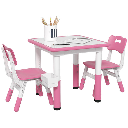 Qaba 3 Piece Kids Table and Chairs, Height Adjustable Toddler Table and Chair Set with Storage, Easy to Wipe Activity Table, 2 Chairs for Daycare Classroom & Ages 18 Months-5 Years, Pink