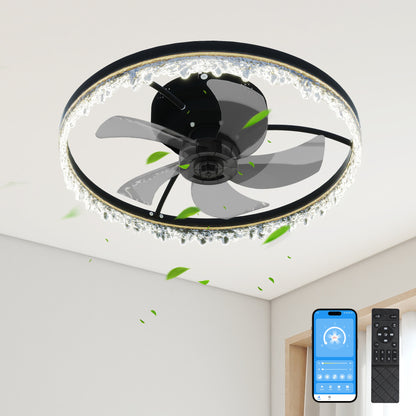 Smart Flush Mount Ceiling Fan with Light – 20-inch Integrated LED Chandelier with 5 Invisible Blades, Remote Control & Timer, Dimmable Lighting, Ultra-Quiet Operation for Bedroom, Living Room, and Din
