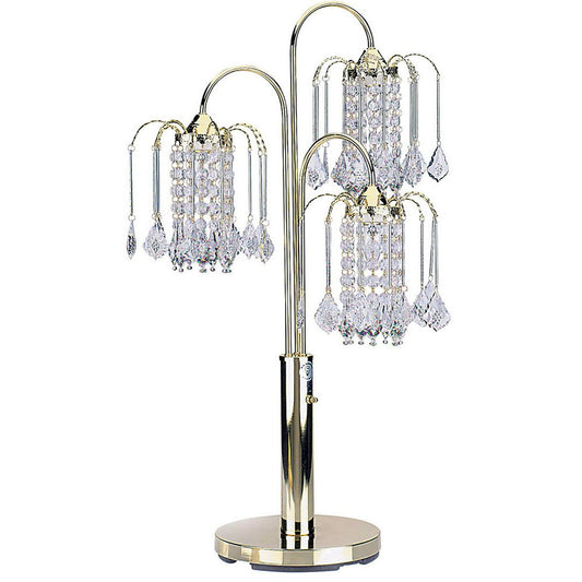 34' Tall Metal Table Lamp with Brass finish, 3 Crystal Chandelier Lights