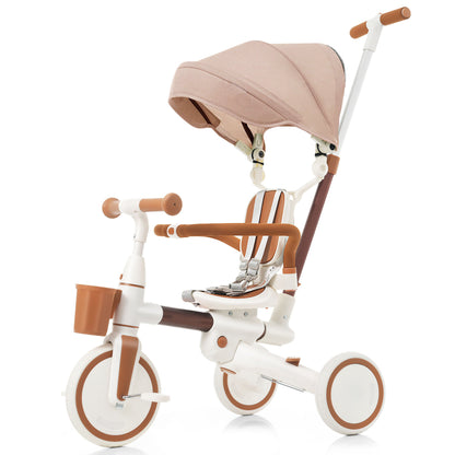 7 in 1 Baby Tricycle, Toddler Tricycle with Removable and Adjustable Push Rod, Toddler Push Bike with Removable Pedal, Canopy, and Guardrail, Tricycle for 18-72 Months, ivory and brown