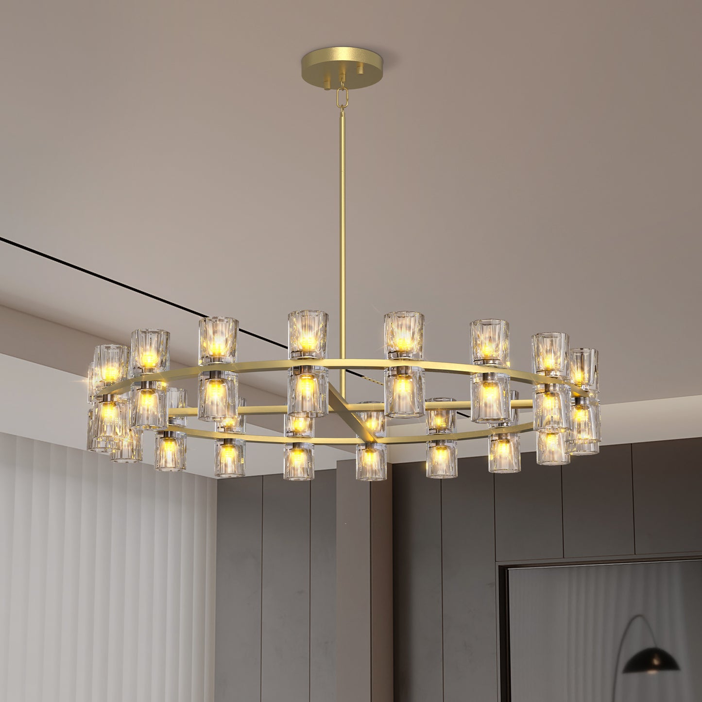 Modern 36' Gold Round Chandelier Light Fixture, K9 Crystal Chandeliers for Dining Room, Living Room, Dining Room Chandeliers Over Table, Chandelier for Bedroom, Foyer, Includes 36XG4 Bulbs