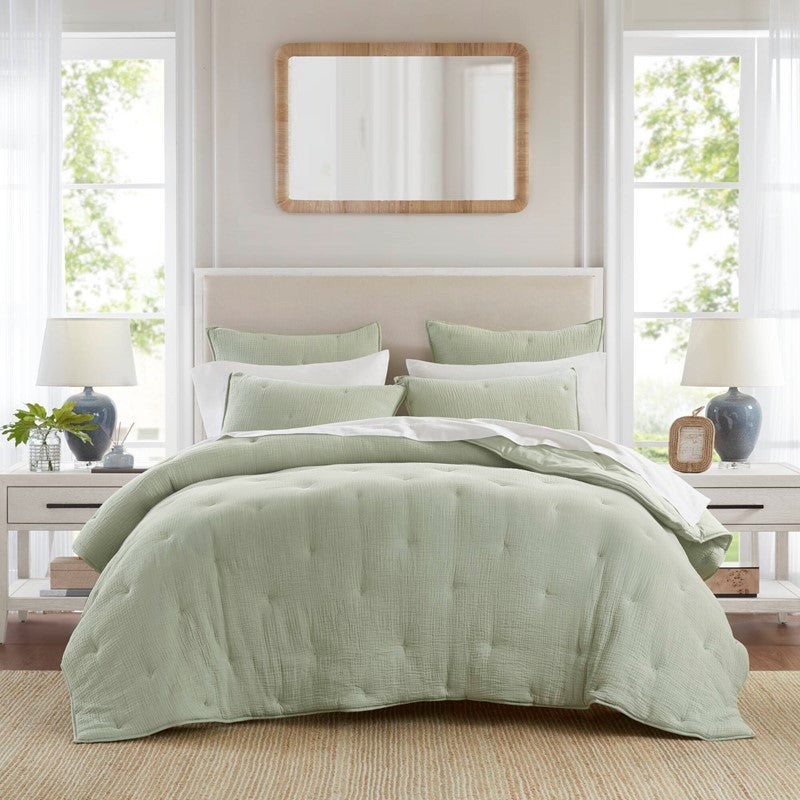 3-Piece King Cotton Gauze  Embroidered Quilt Set,Sage