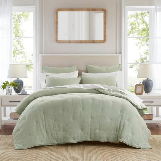 3-Piece King Cotton Gauze  Embroidered Quilt Set,Sage