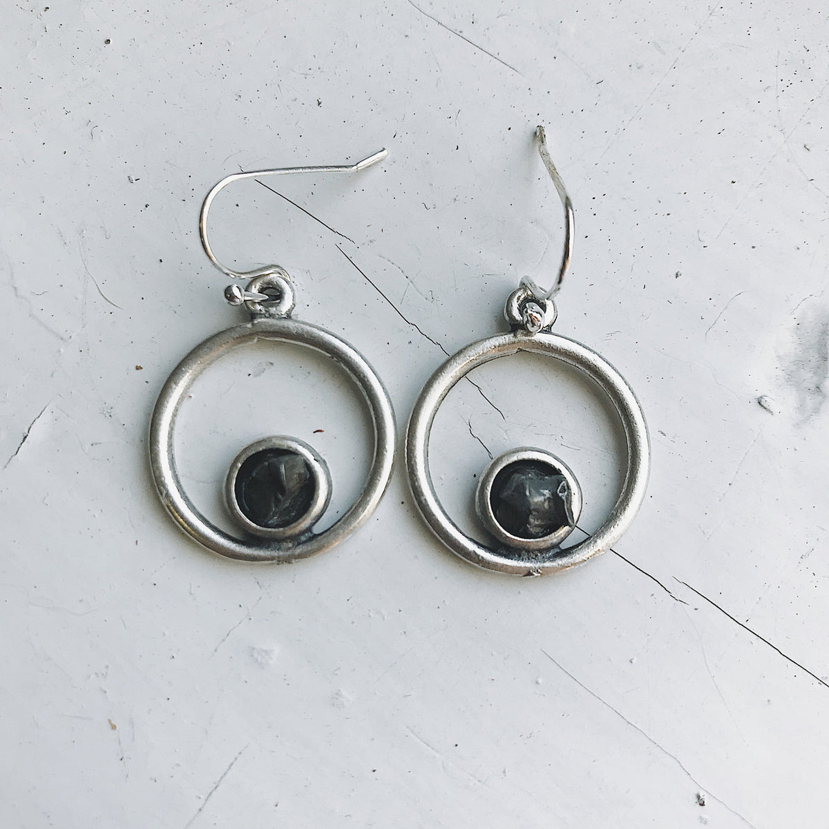 Circle Silver Earrings With Raw Meteorite