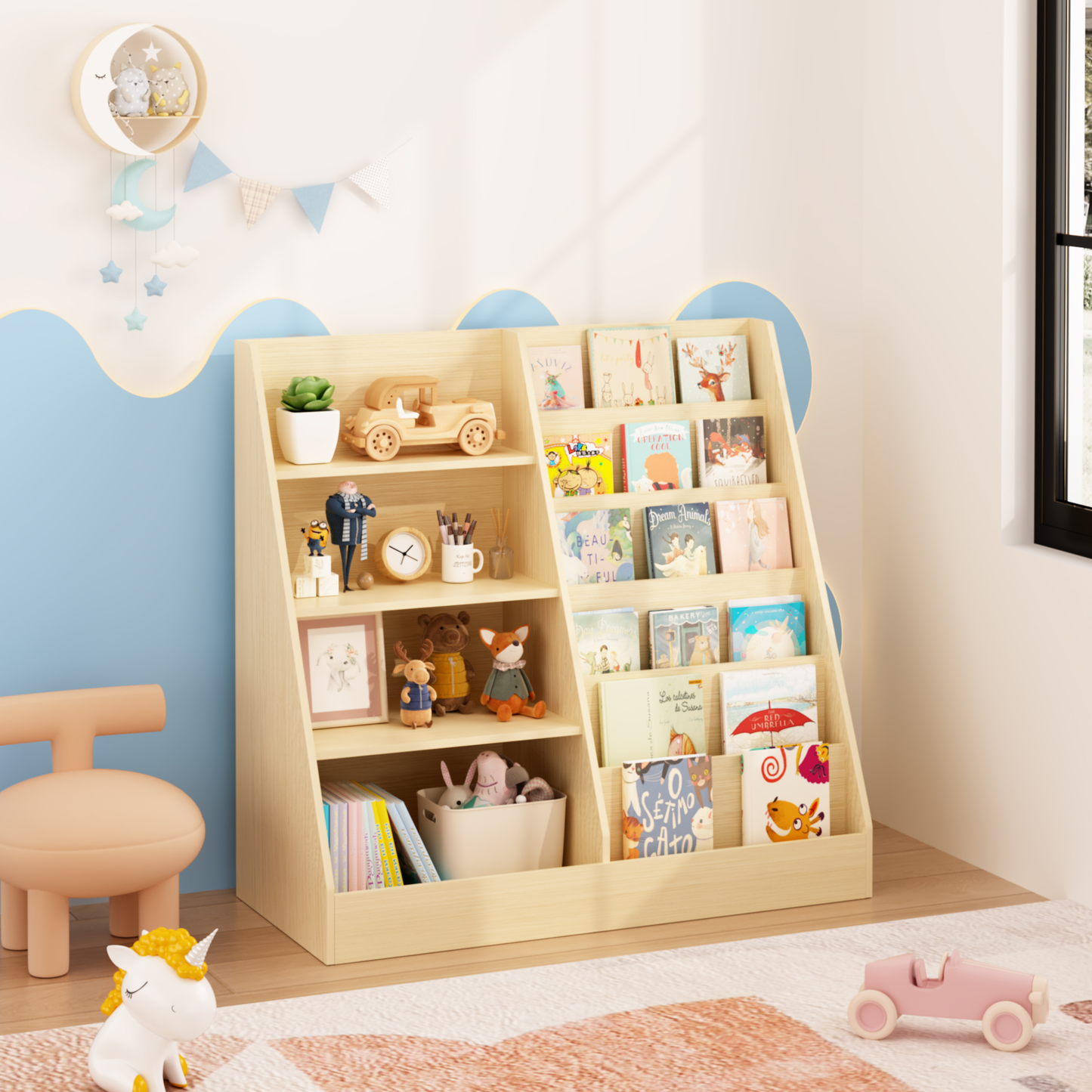 Kids Bookshelf and Toy Storage Organizer, Multifunctional 4 Tier Wooden Kids Book Shelf with  Bookcase Display Stand in Kids Room Playroom Nursery for Kids, Children, Toddlers (Natural)