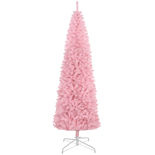 HOMCOM 8' Tall Unlit Slim Douglas Fir Artificial Christmas Tree with 1168 Realistic Branch Tips, Pink