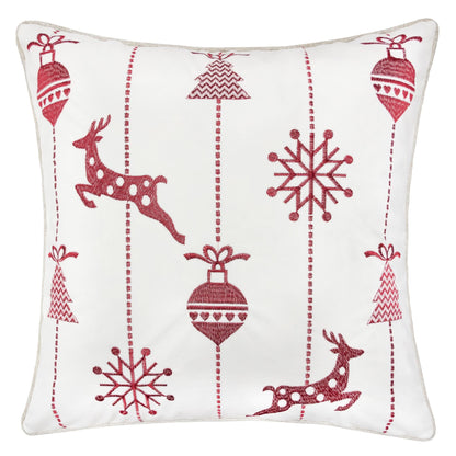 White Christmas Throw Pillow with Red Embroidered Reindeer and Snowflakes, Soft Cotton Blend Cover, 20x20 inches