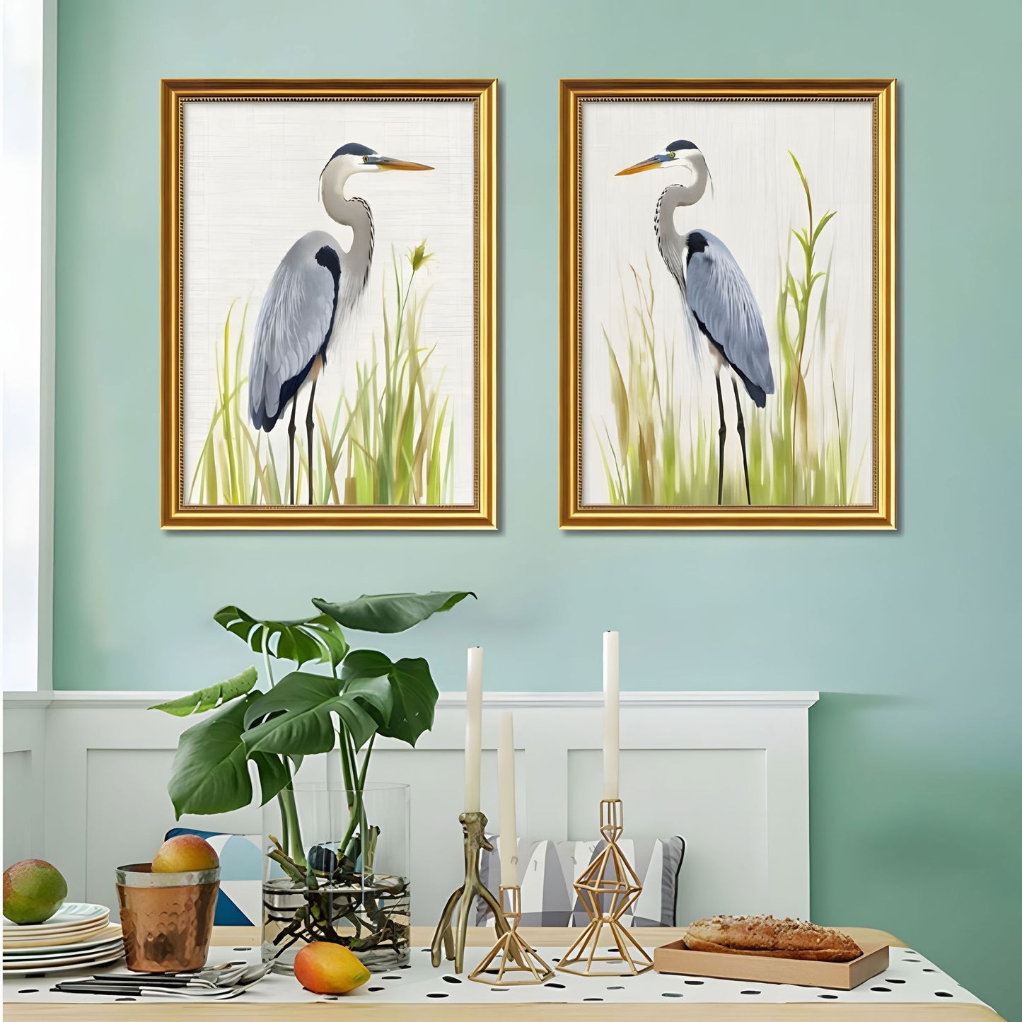 Set of 2 Heron Bird Framed Wall Art – Replaceable Canvas Prints with Solid Wood Picture Frames, Modern Nature Wall Decor for Living Room and Dining Room 18x24 inches