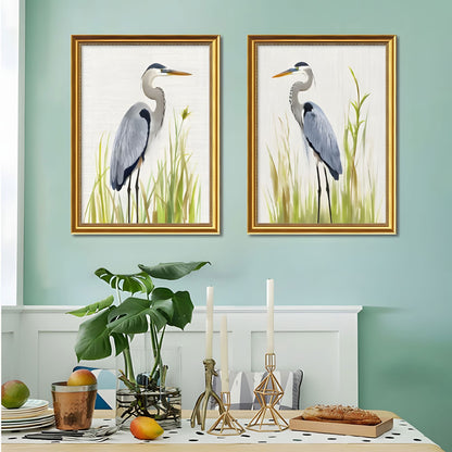 Set of 2 Heron Bird Framed Wall Art – Replaceable Canvas Prints with Solid Wood Picture Frames, Modern Nature Wall Decor for Living Room and Dining Room 18x24 inches