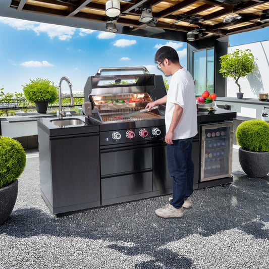 46-Inch 4-Burner 72000 BTU Deluxe Stainless Steel Gas Outdoor Kitchen Bar Barbecue Island Grill + Wine Cooler Compact Refrigerator + Rotisserie kit + Granite Countertops + Stainless steel Sink