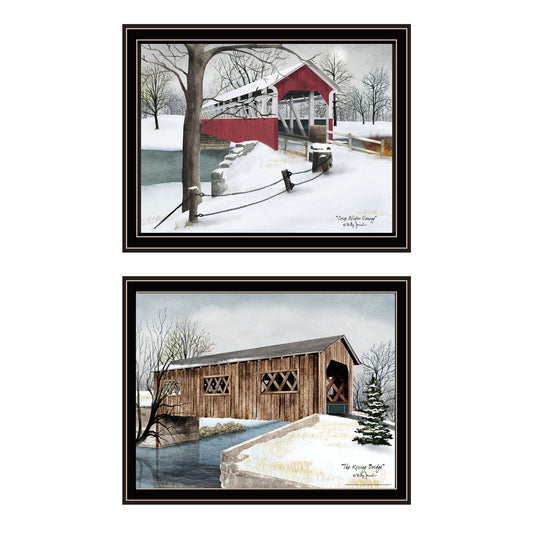 Trendy Decor 4U 2- Piece Vignette Winter Covered Bridges Black Framed Wall Art for Living Room, Bedroom Wall Art Print for Home Decor by Billy Jacobs