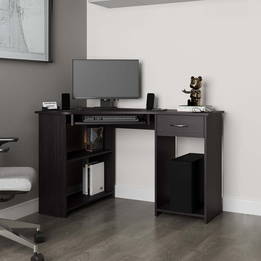 Wenge Corner Computer Desk L-Shaped with Drawer and Shelf