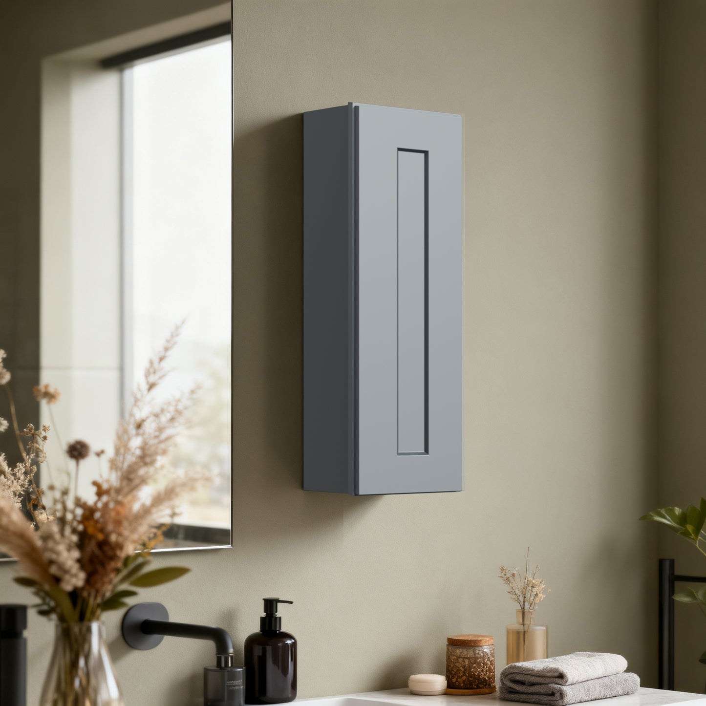 Dark Gray Solid Wood Single Door Wall Cabinet 1 Door and 2 Shelves for Kitchen Storage, Bathroom Storage, Laundry,Adjustable Shelves Ready to Assemble(9'W×12'D×30'H)