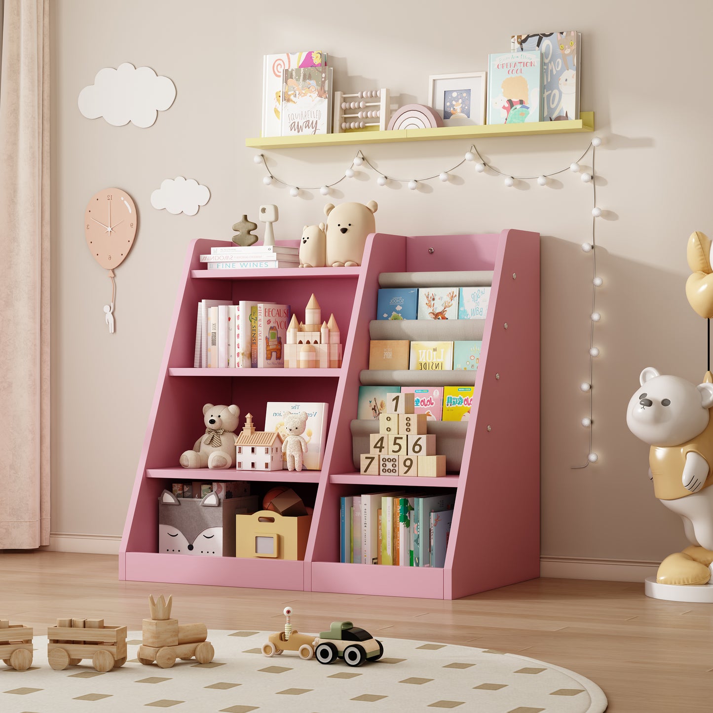 Pink Wooden Toy Storage Organizer Cabinet Kids Bookshelf  Children Bookcase Toddler Baby Sling Book Rack Shelf for Playroom Bedroom Nursery Hallway School Kindergarten Living Room