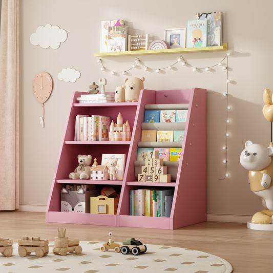 Pink Wooden Toy Storage Organizer Cabinet Kids Bookshelf  Children Bookcase Toddler Baby Sling Book Rack Shelf for Playroom Bedroom Nursery Hallway School Kindergarten Living Room