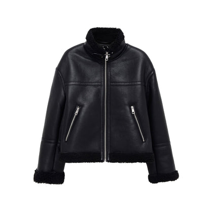 Women's Jacket Black Faux Leather Shearling BYMANYC ® New York SOHO BLACK AVIATOR BIKER - New Collection