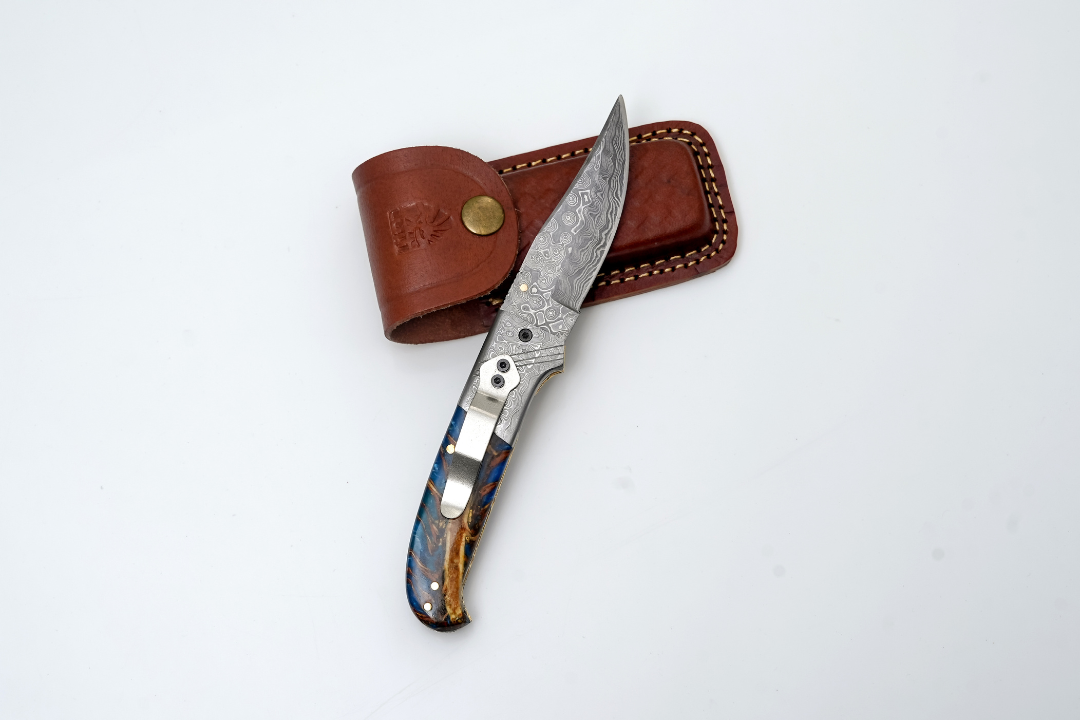 Hand-Forged Damascus Folding Pocket Knife | Blue Resin & Burl Wood Handle With Pocket Clip & Spine File Work -TF-073