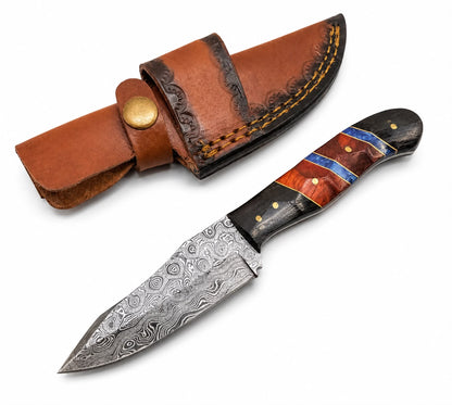Premium Damascus Steel Fixed Blade Drop Point Knife – Custom Multi-Color Inlay Handle TKT-2