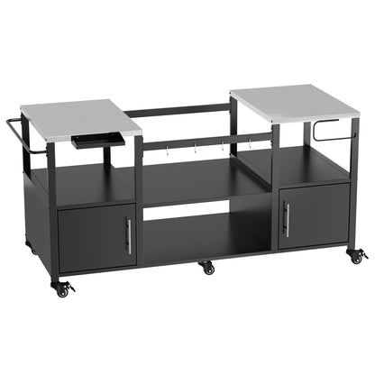 Outdoor Grill Table for Big Green Egg Style BBQ with Metal Grill Cart and Storage Box, Black and Silver, Metal and Stainless Steel, 67x27.8x31 inches