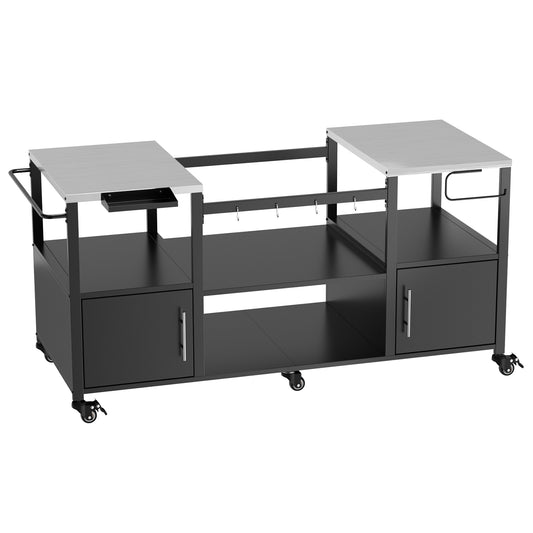 Outdoor Grill Table for Big Green Egg Style BBQ with Metal Grill Cart and Storage Box, Black and Silver, Metal and Stainless Steel, 67x27.8x31 inches