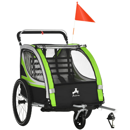 Aosom 3-in-1 Walk/Jog/Ride Child Baby Bike Trailer for Kids 2 Seater, High-Visibility Bike Stroller for Toddler Wagon, Weather-Strong Double Bicycle Trailer Accessory for Kids, Green