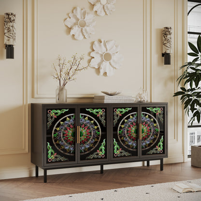 60.3 'Decorative Cabinet with 4 doors, Painted glass metal iron frame Buffet Cabinet, Artistic storage Cabinet, Entrance Cabinet, Living room, Bedroom, Dining room
