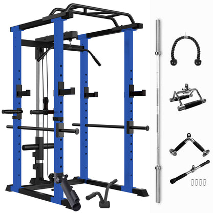 Multi-functional Power Cage, Home Adjustable Pullup Squat Rack 1000Lbs Capacity Comprehensive Fitness Barbell Rack with Gym accessories 7ft Olympic Bar