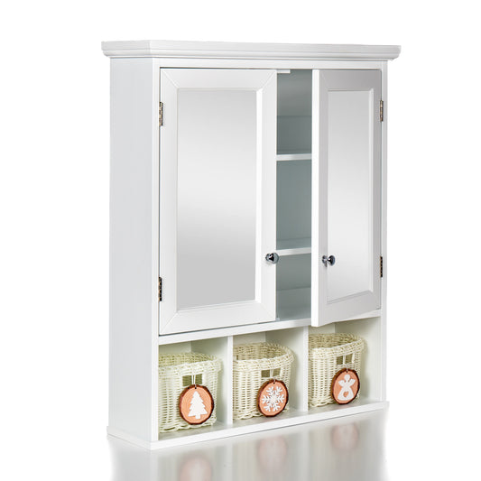 White Wood Bathroom Storage Cabinet with Mirror and Christmas Style Baskets, 2 Doors 2 Adjustable Shelves