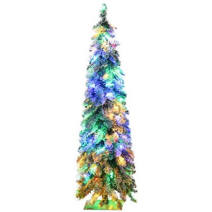 HOMCOM 4ft Tall Prelit Pencil Artificial Christmas Tree Holiday Décor with 225 Snow Flocked Branches, 100 Warm White or Colorful LED Lights, Downswept Shape