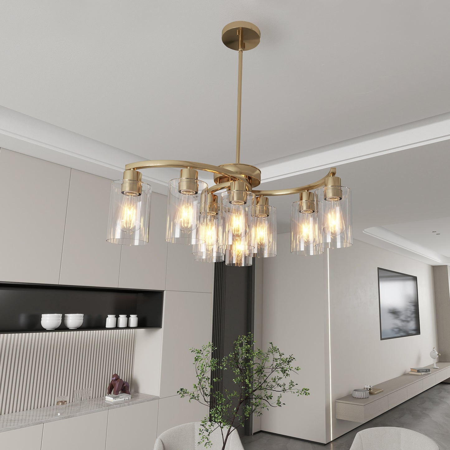 9-Light Gold Glass Chandelier, Adjustable Height Dining Room Light Fixtures Over Table, Contemporary Hanging Chandelier for Kitchen Island Living Room Foyer Office, Clear Glass Shade