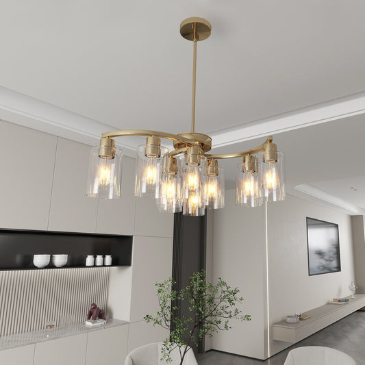 9-Light Gold Glass Chandelier, Adjustable Height Dining Room Light Fixtures Over Table, Contemporary Hanging Chandelier for Kitchen Island Living Room Foyer Office, Clear Glass Shade