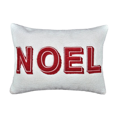 Noel Christmas Throw Pillow with Insert – 14x20' White Sherpa Accent Cushion in Red and Ivory