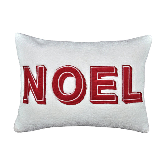 Noel Christmas Throw Pillow with Insert – 14x20' White Sherpa Accent Cushion in Red and Ivory