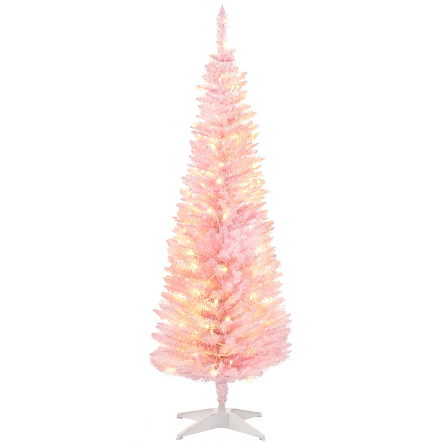 HOMCOM 5' Tall Pre-Lit Slim Noble Fir Artificial Christmas Tree with 110 Warm White LED Lights and 294 Tips, for Christmas Decoration, Pink