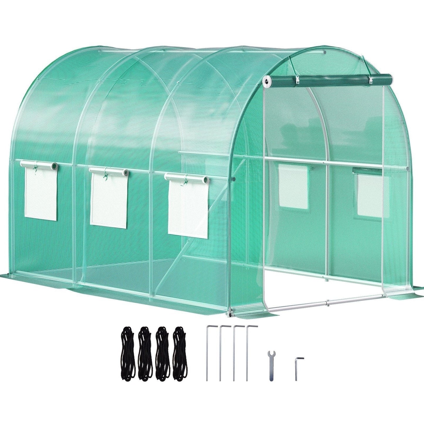 Walk-in Tunnel Greenhouse, 9.8 x 6.6 x 6.6 ft Portable Plant Hot House w/ Galvanized Steel Hoops, 1 Top Beam, Diagonal Poles, Zippered Door & 6 Roll-up Windows, Green