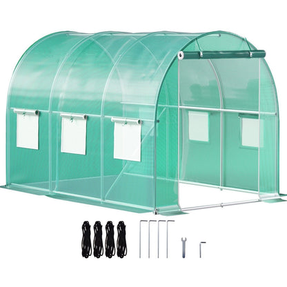 Walk-in Tunnel Greenhouse, 9.8 x 6.6 x 6.6 ft Portable Plant Hot House w/ Galvanized Steel Hoops, 1 Top Beam, Diagonal Poles, Zippered Door & 6 Roll-up Windows, Green